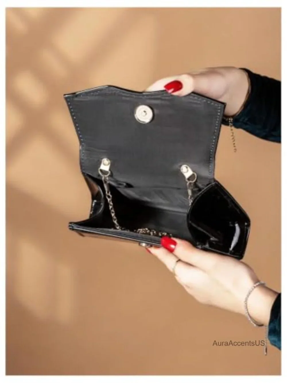 Patent Leather Top Handle Mini Clutch Purse with Detachable Chain Strap -